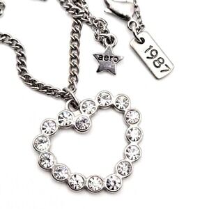 Aero/Aeropostale 1987 Silvertone 30" Chain and Heart Pendant Rhinestone Necklace